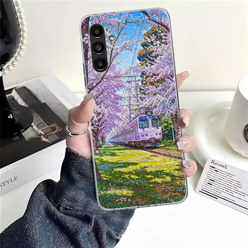 Retro Japanese Sakura Train Phone Case For Samsung Galaxy A13 A14 A15 A16 A17 A53 A54 A55 A56 A57 A33 A34 A35 A36 A37 A23 A24 A2