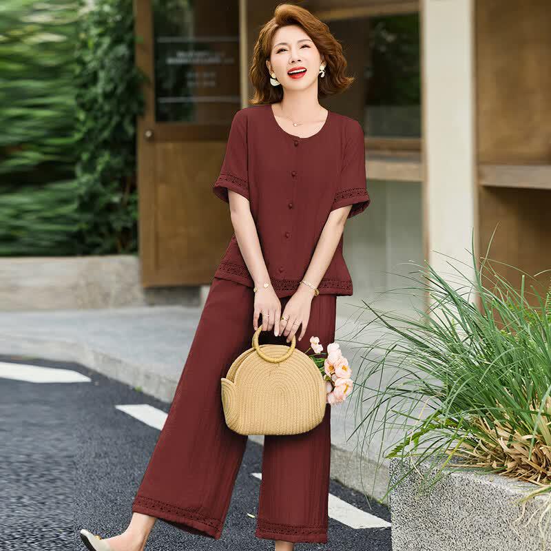 Women s Summer Elegant Short Sleeve Top  Wide-Leg Pants Set 3XL