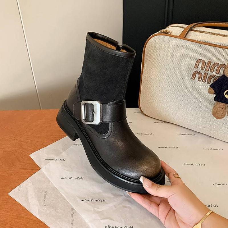 

Autumn and winter women s leather boots leather rubber thick-soled non-slip zipper Martin boots new cowhide versatile low boots women 40 чёрный