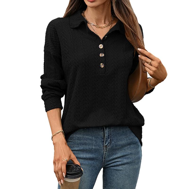 Women's Solid-Color Collared Long-Sleeve Top Button Neck Pullover