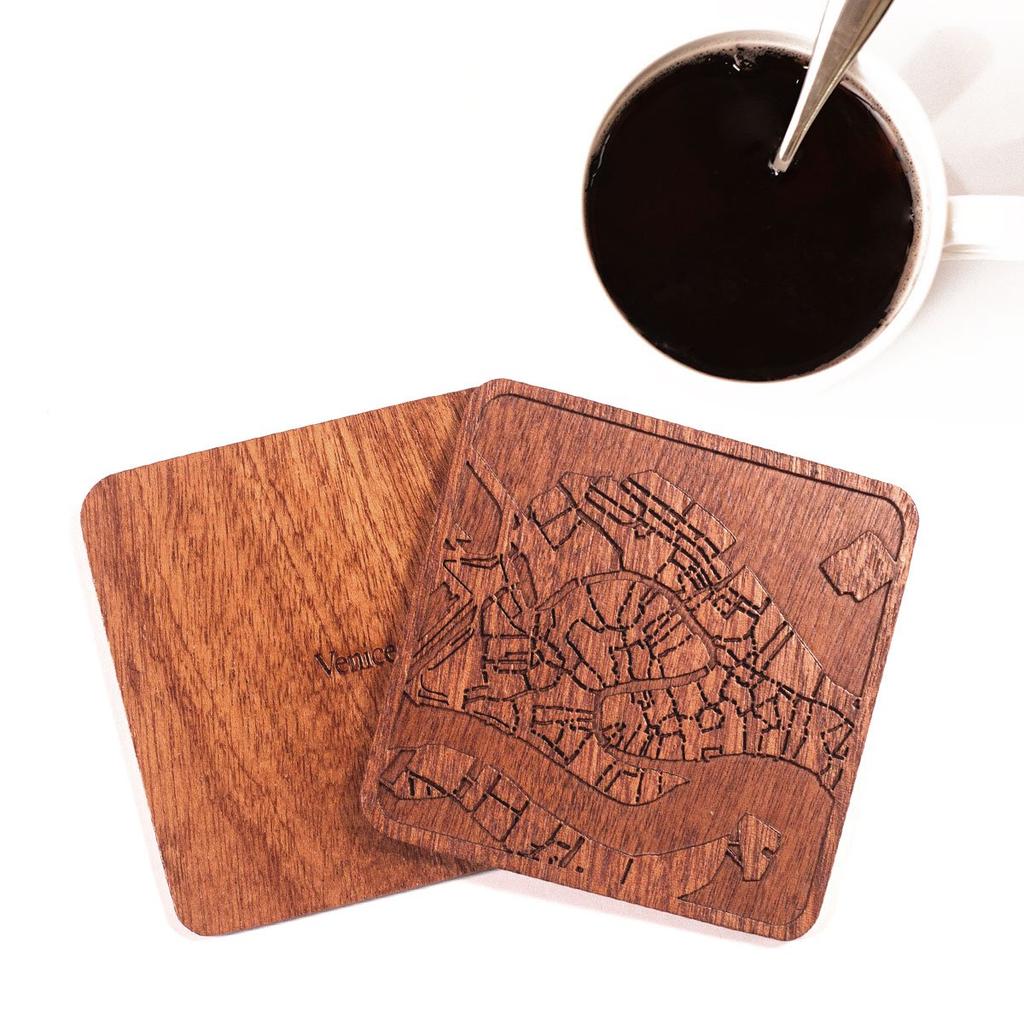 Venice Map Set of City Map Wooden Original Design Handmade Gift Coasters, 4, Coasters,