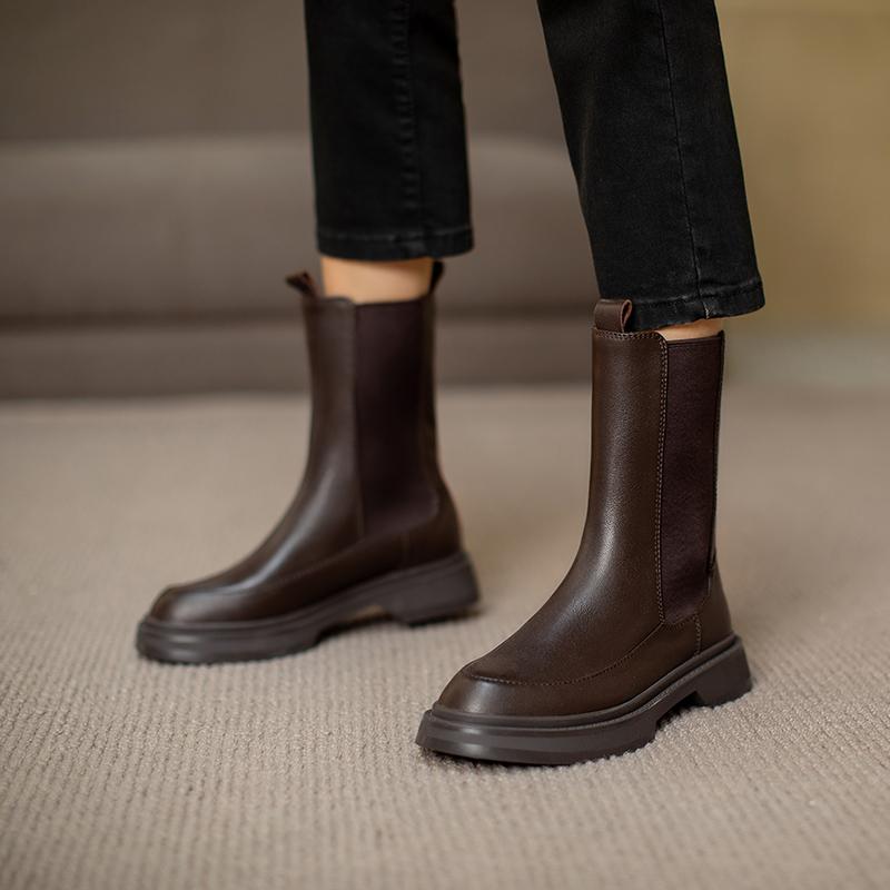 Fashion Hot Genuine Leather Women's Boots Retro British Style Slip-On Chelsea Boots Fashion Ankle Boots Round Toe Flat with Women Shoes