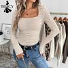Women's Fashion Casual Spring Autumn Stripe Print Long Sleeve Square Collar Blouses & Shirts