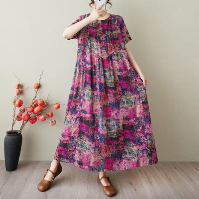 DIMANAF 2025 Summer Women Vintage Printing Linen Plus Size Long Dress Short Sleeve Casual O-Neck Basic Loose Dress