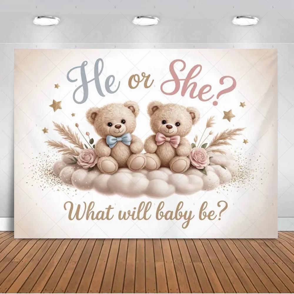 The genre Reveal theme backdrop baby party decorations supplies pink blue bear gift banner newborn shower photography4858