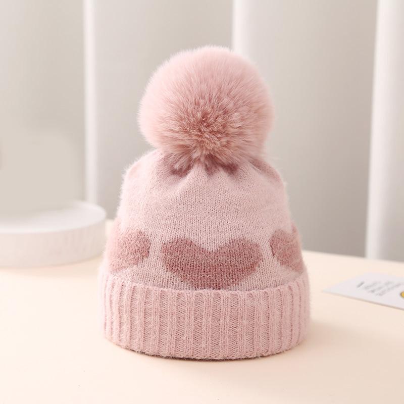 Faux Pelz Bommel Babymütze Herz bedruckt Strick Herbst Winter Neugeborenes Säugling Beanie Mütze Kleinkind Warm Häkeln Mädchen Jungen Hüte