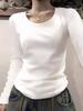 White flower gray U-neck front shoulder long-sleeved T-shirt for women's autumn and winter pure cotton plus thin velvet inner low-neck universal 