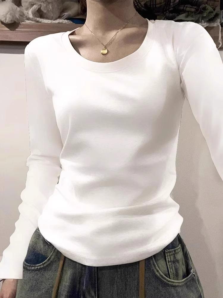 White flower gray U-neck front shoulder long-sleeved T-shirt for women's autumn and winter pure cotton plus thin velvet inner low-neck universal