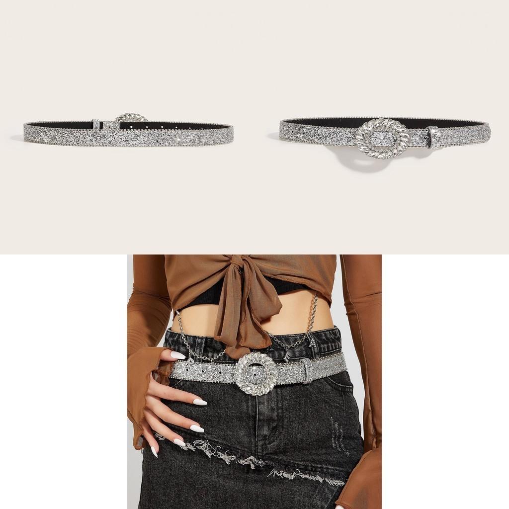 Trendy Wide Waist Belt With Circular Rhinestone Buckle European American Style