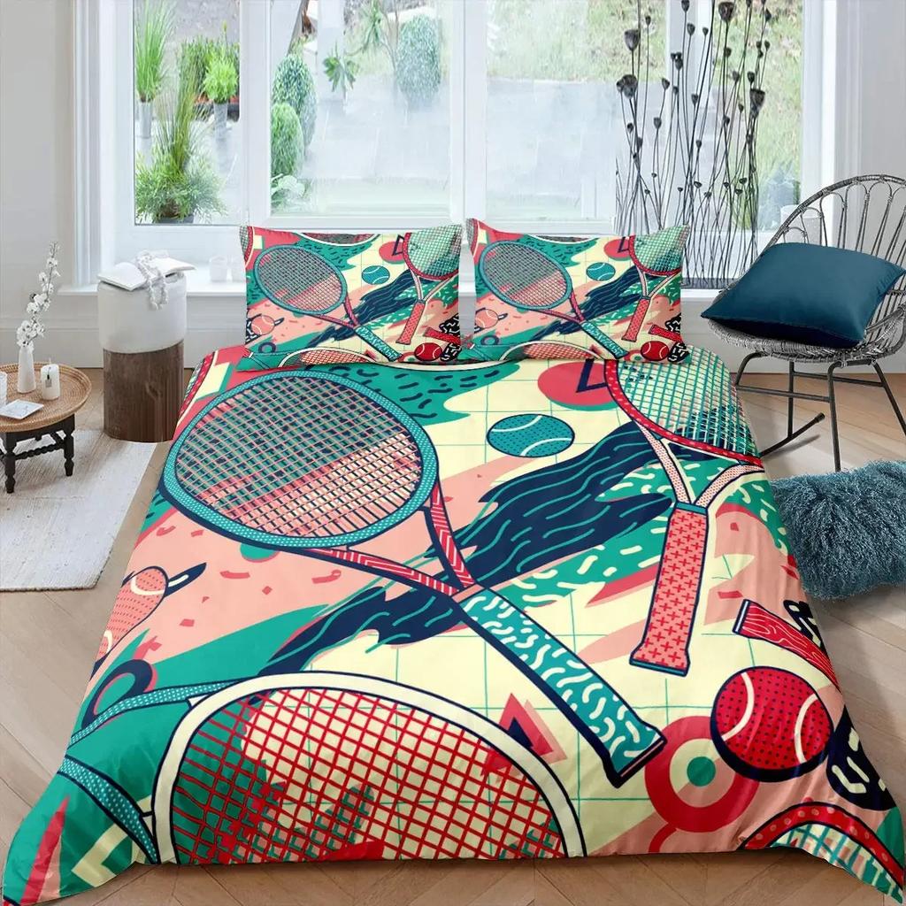 Zestaw pościeli tematyczny do gry w piłkę tenisową z rakietą, rozmiary: pojedynczy, bliźniaczy, podwójny, Queen, King, California King