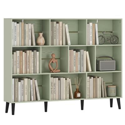10-Cube Bookcase, 3-Tier Book Shelf with Solid Wood Legs, 140 Cm Modern Bookshelf with Anti-Tip Kit, Light Green