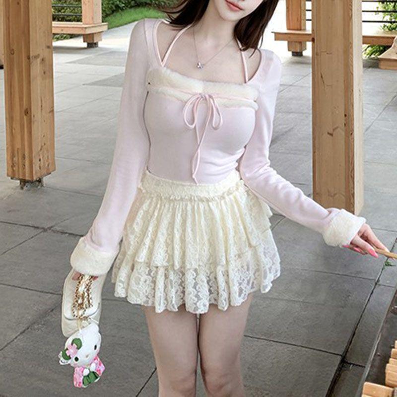 

Fuzzy Patchwork Pink Square Neck Long Sleeve Women s Autumn Slimming Base Layer Top Extra Large розовый