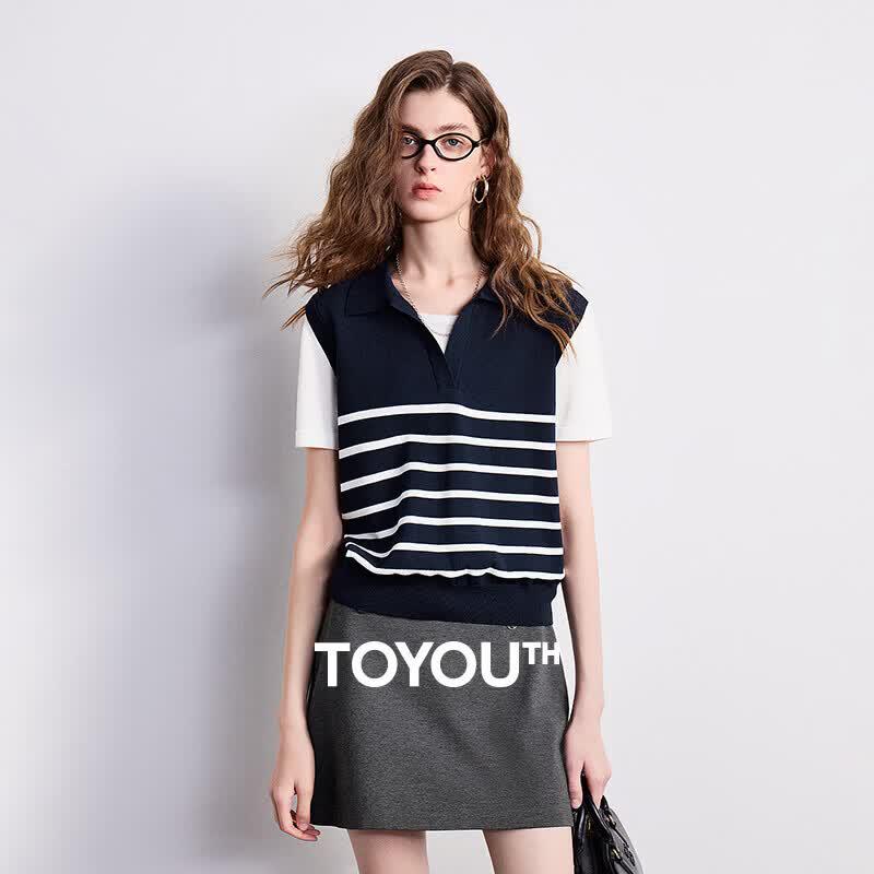 Chuyu Women s Faux Two-Piece Striped Polo Knit Top XL