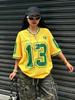Damen & Herren Sommer Digitaldruck V-Ausschnitt T-Shirt, Streetwear Alltags Netz-T-Shirt mit Grafik Nummernmuster, Gelb