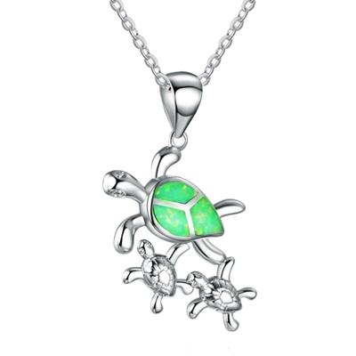 Women Cute Mom Baby Turtle Faux Opal Inlaid Pendant Necklace Animal Jewelry