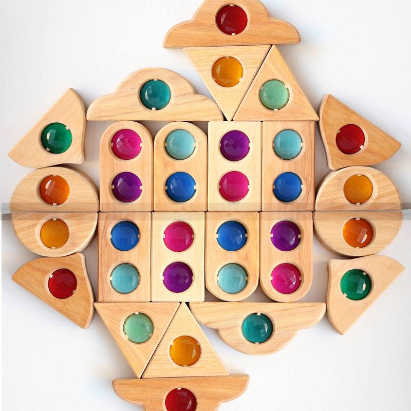 Large Wooden Fairy Tale Windows Blocks with Sparkling Stone Acrylic Toy Gems Transparent Window Stacking Blocks for Children