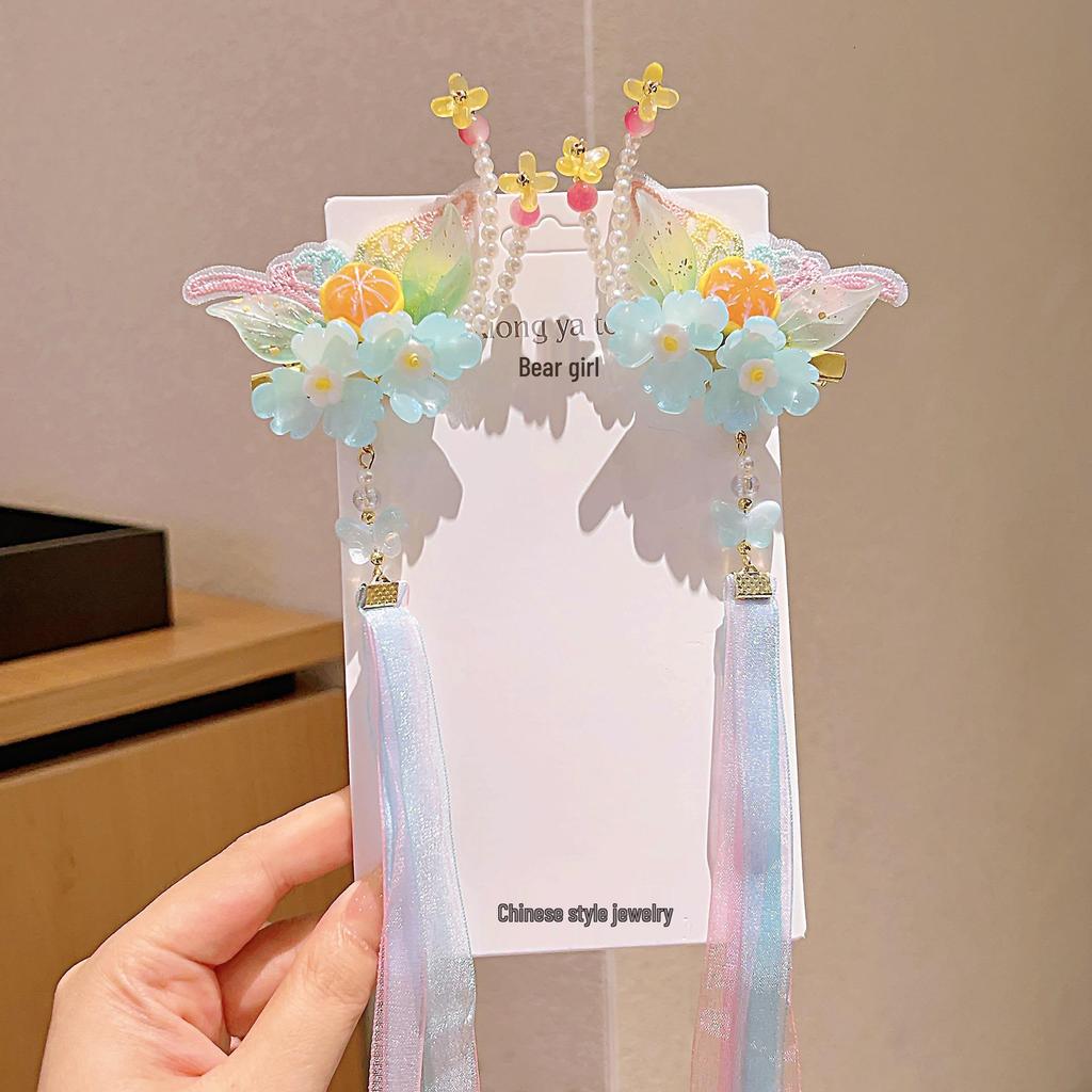 Chinesische Kinder-Haarspange mit Quaste, Schmetterling und Band - Märchenhafter Hanfu-Stil