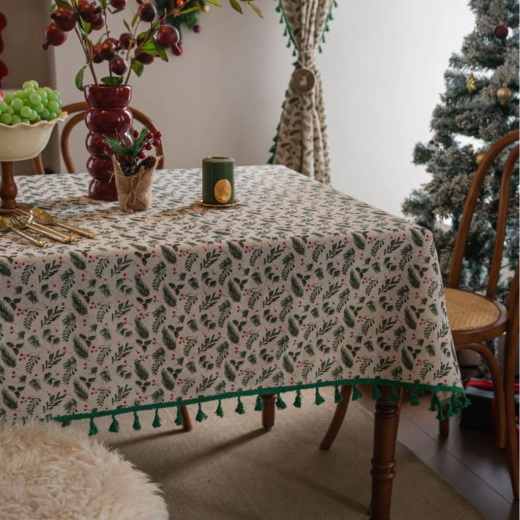 Tablecloth Christmas Holly Leaf Bronzing Berry Print Festive Table Cloth Cover Coffee Table Rectangle