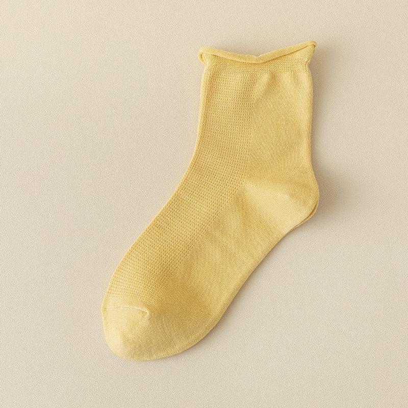 Female Spring and Autumn Solid Color Curled Loose Mouth Mesh College Wind Yuezi Tube Cotton Socks