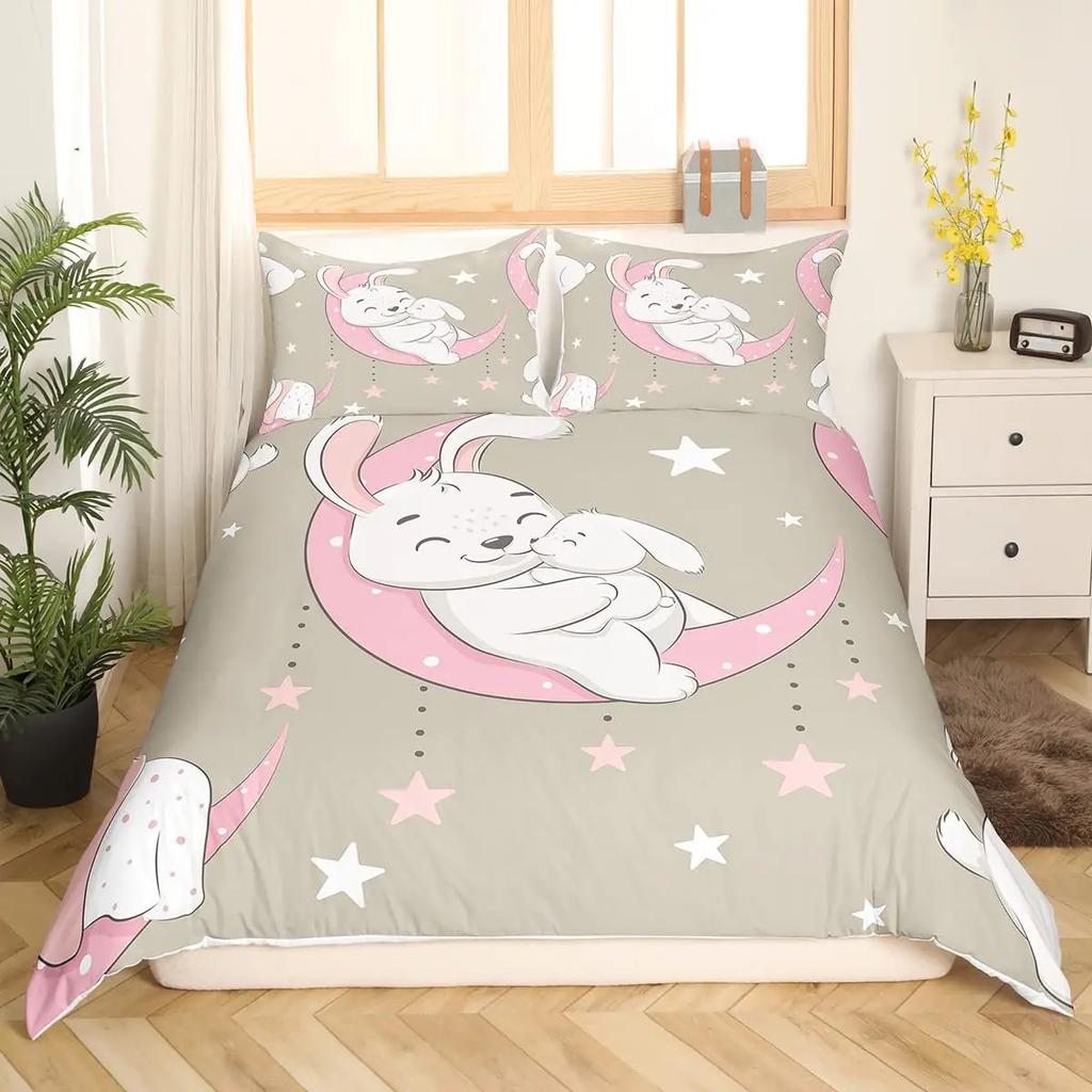 Children Cute Cartoon Bunny Printing Duvet Cover for Kids Girls Boys Rabbit Takes Balloon White Duvet Cover Bedroom Decorations