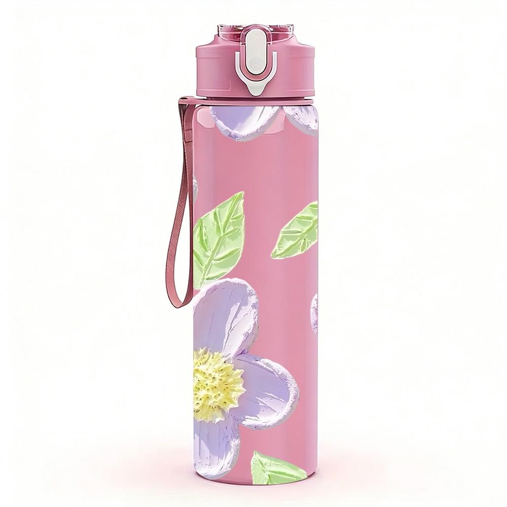 1PC Soft Pastel Purple Floral Leaf Print 750ml Color Plastic Sports Water Bottle Leakproof Flip Straw Lid Suitable for Sports Office Home Use