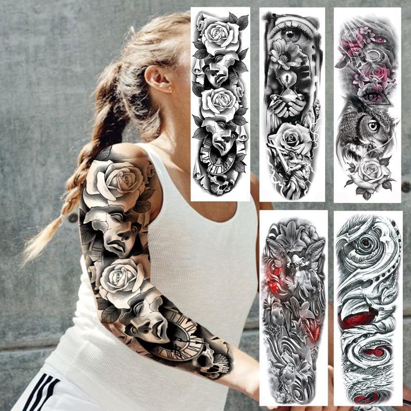 1 PC 480*170MM Full Arm Leg Temporary Tattoo Sticker for Women Men Waterproof Skull Compass Sexy  Tattoo Body Art Fake Flower Tattoo Paper Sticker