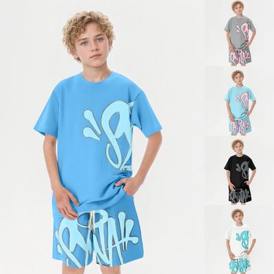 Kids Summer Short Sleeve T Shirt and Shorts Set Lightweight Breathable Casual Sportswear with Elastic Waistband and Printed Design for Boys Girls