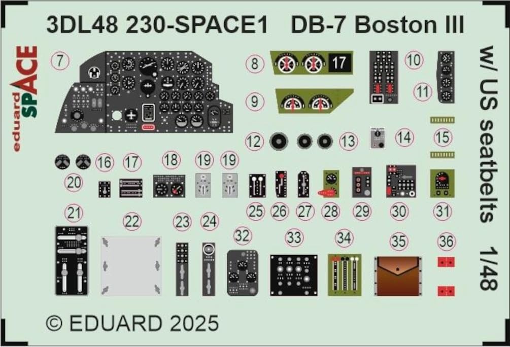 Eduard Space Boston III Military Seatbelt Interior 3D Decal Parts Set HK Plastic Model Decal EDU3DL48230 1/48 DB-7 w/US w/Etching (for Model)