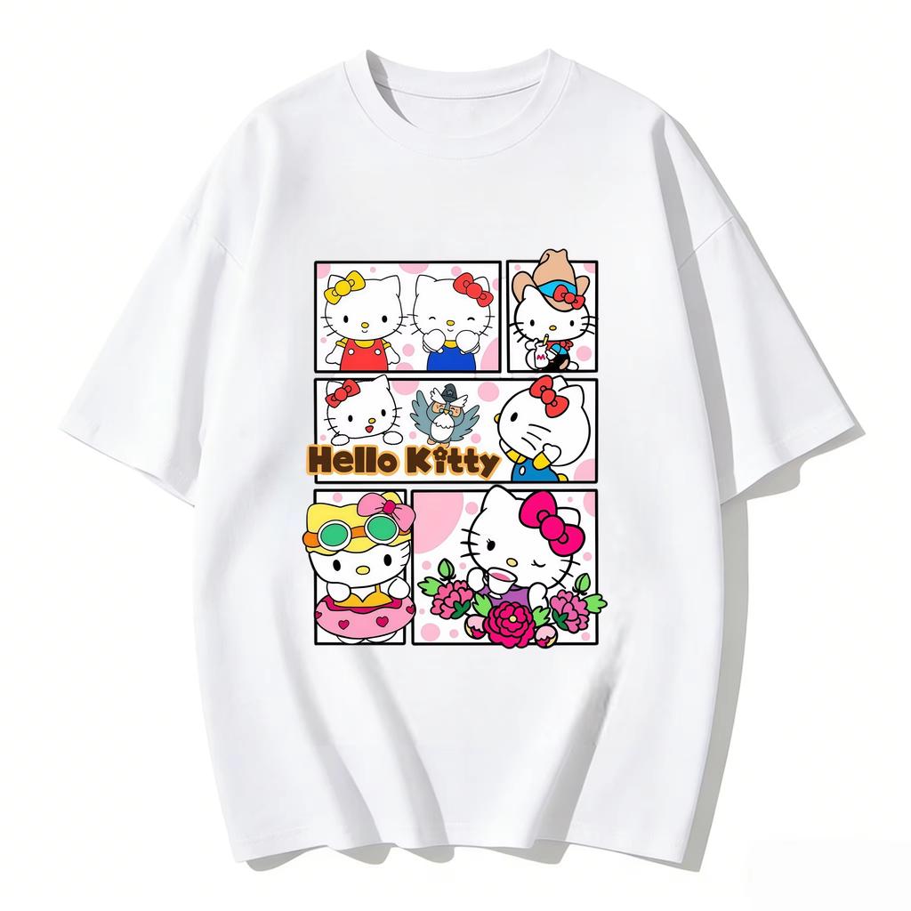 2026 New Summer Cute HelloKitty TShirts Soft Cotton Short Sleeve Tees for Parents Kids Breathable Casual Daily Outfit Tops