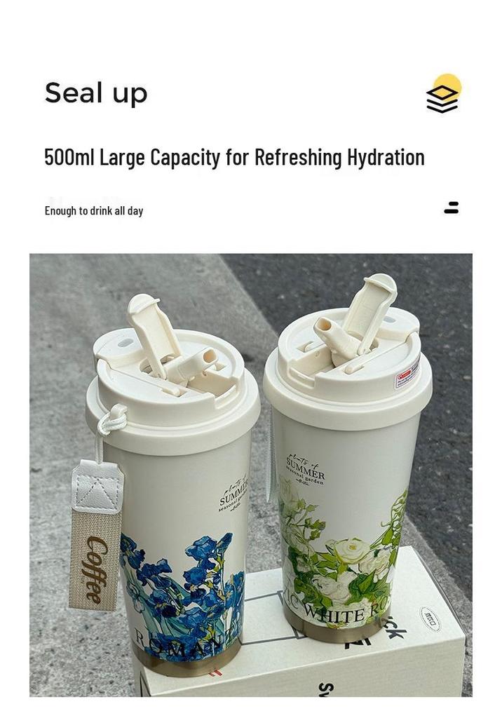 Lily of the Valley Double-Wall Thermos Cup with Straw - Student & Car Friendly