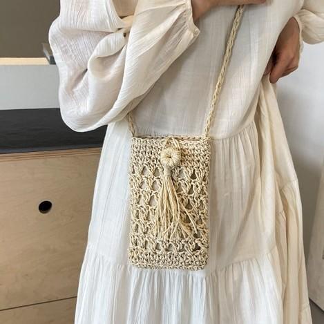 Female Vintage Crossbody Phone Bag Straw Rope Hand-woven Vacation Mini Purse Women Casual Mobile Phone Pouch Streetwear