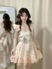 Small sweet little flying sleeves floral sleeveless dress women's summer bow waist fugitive princess tutu dress
