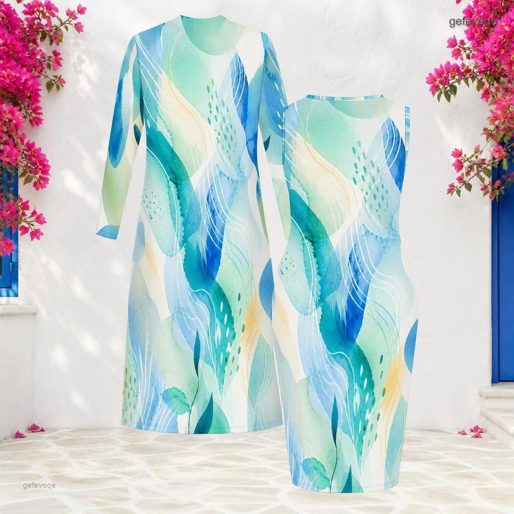 Women Plus Size Two Piece Set Long Sleeve Open Front Cardigan Sleeveless Printed Bodycon Dress Dark Blue