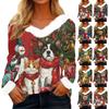 Women's T Shirt Tee Christmas Shirt Long Sleeve Party Christmas Print Fleece Collar V Neck Top