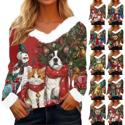 Women's T Shirt Tee Christmas Shirt Long Sleeve Party Christmas Print Fleece Collar V Neck Top