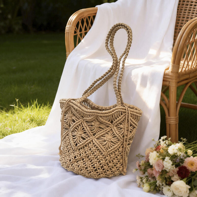 Drawstring Handwoven Tote Bag for Women Boho Summer Beach Bag with Geometric Pattern