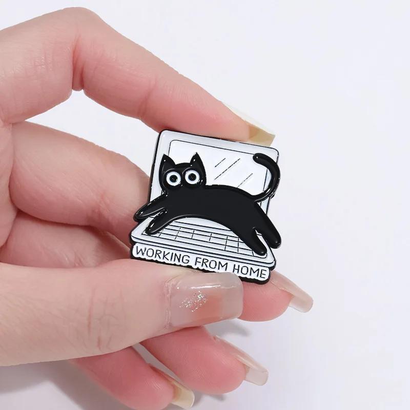 Punk Creative Black Kitten Enamel Pins Cartoon Cat Loves Work Brooch Custom Denim Lapel Badge Backpack Funny Animal Jewelry Gift