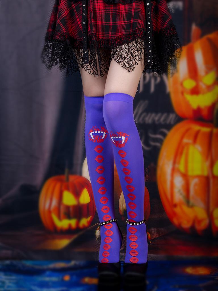 Stockings Over Knee Female Summer Black Stockings Lips Socks Medium Tube Ghost Party Halloween Dark Stockings
