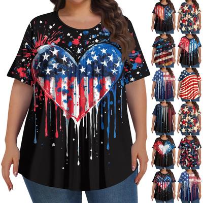 Moda Mujer Talla Grande Casual Manga Corta Estampado Día de la Independencia Cuello Redondo Top con Pliegues Delanteros