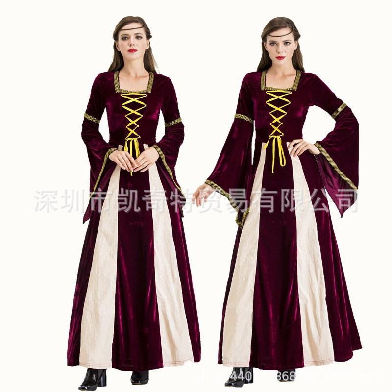 Vintage court costume Halloween dress empty 1play stage performance costume hooded long sleeve strappy dress