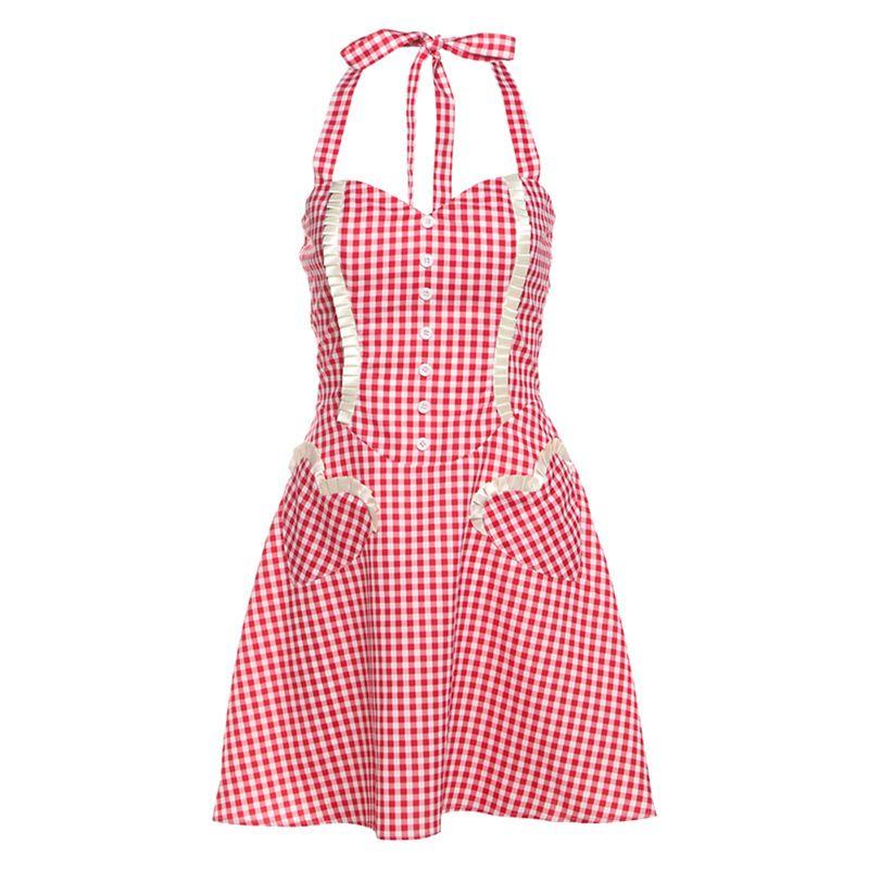 Fashion Style 2025 Summer New Arrival Women's Clothing Pure Desire Sexy Halter Contrast Color Slim Fit Slimming Lace up Gingham
