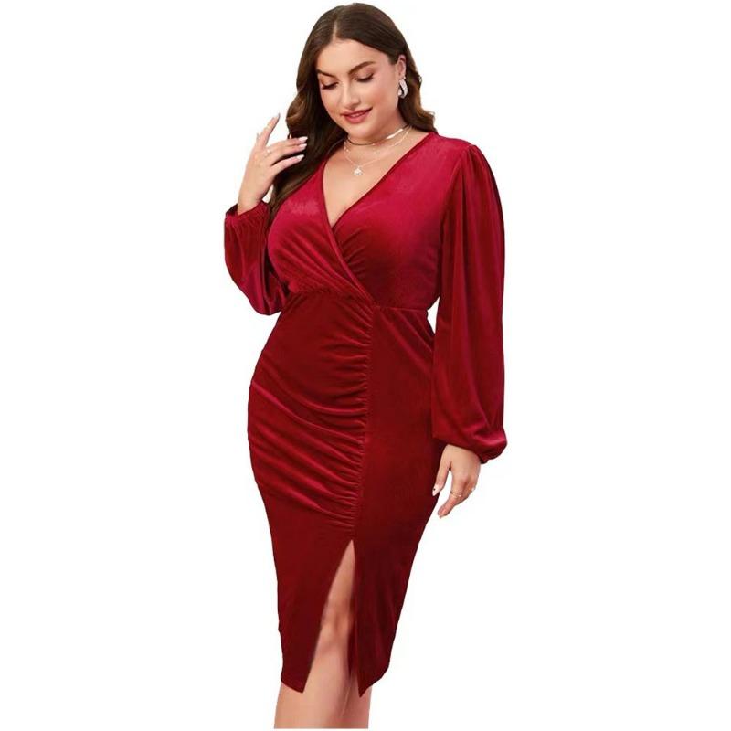 Vestido Midi Bodycon Sexy de Terciopelo para Mujer Talla Grande, Cuello en V, Manga Larga, Abertura