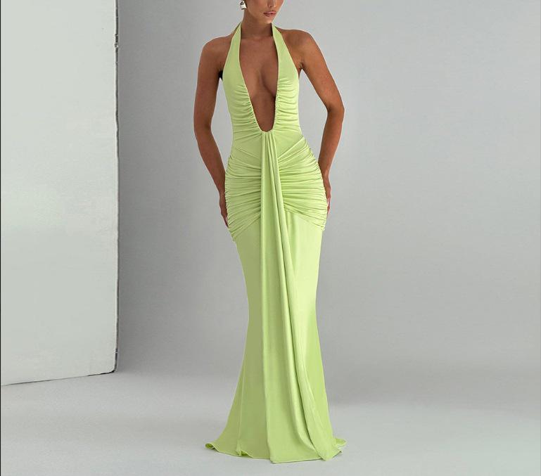 Elegant Halter Neck Deep V Waist-Cinching Long Fishtail Dress with Open Back and Flowing Ribbon