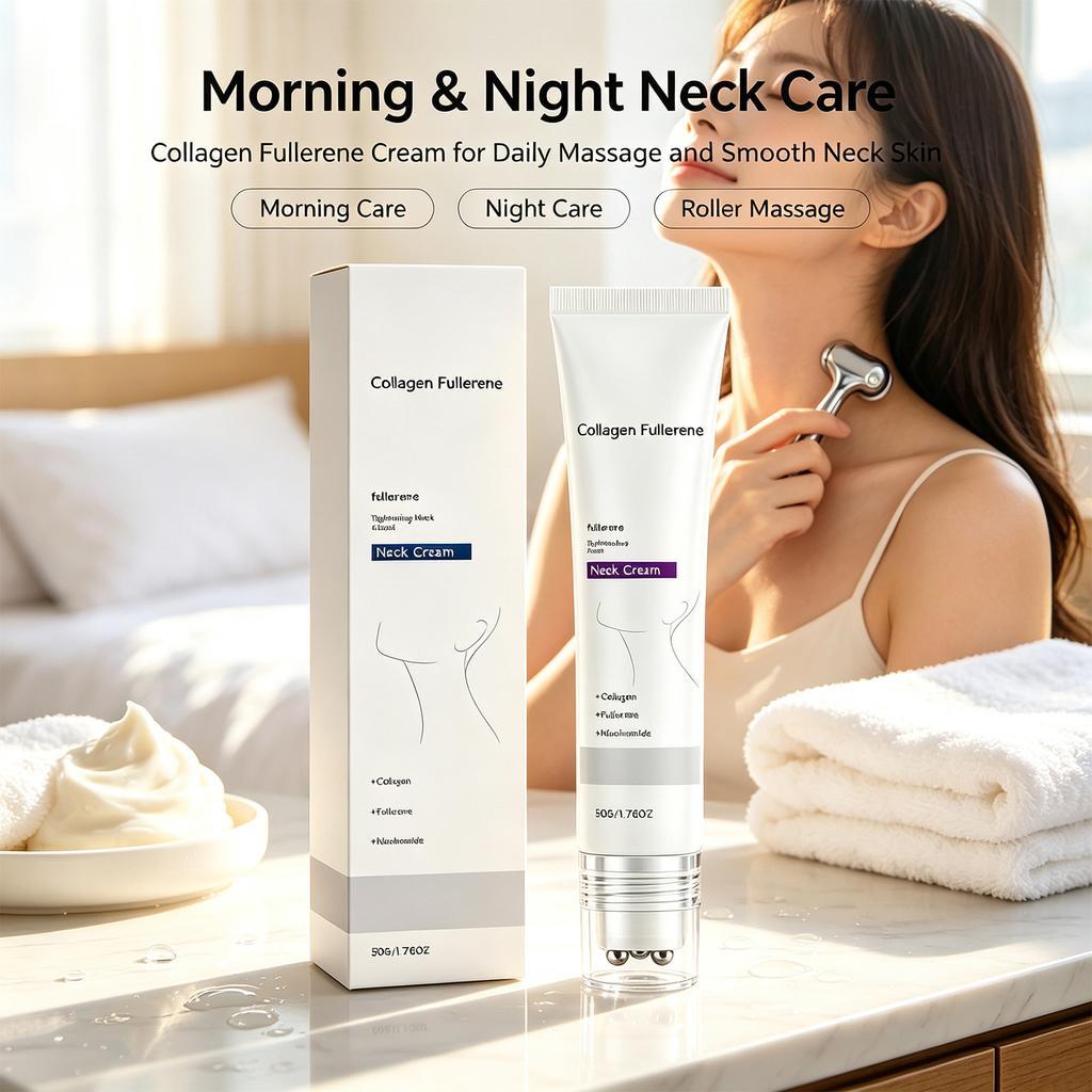 Collagen Fullerene Neck Cream Roller Massager Firming Tightening Eliminate Double Chin Hydrating Reduce Neck Fine Lines 50g