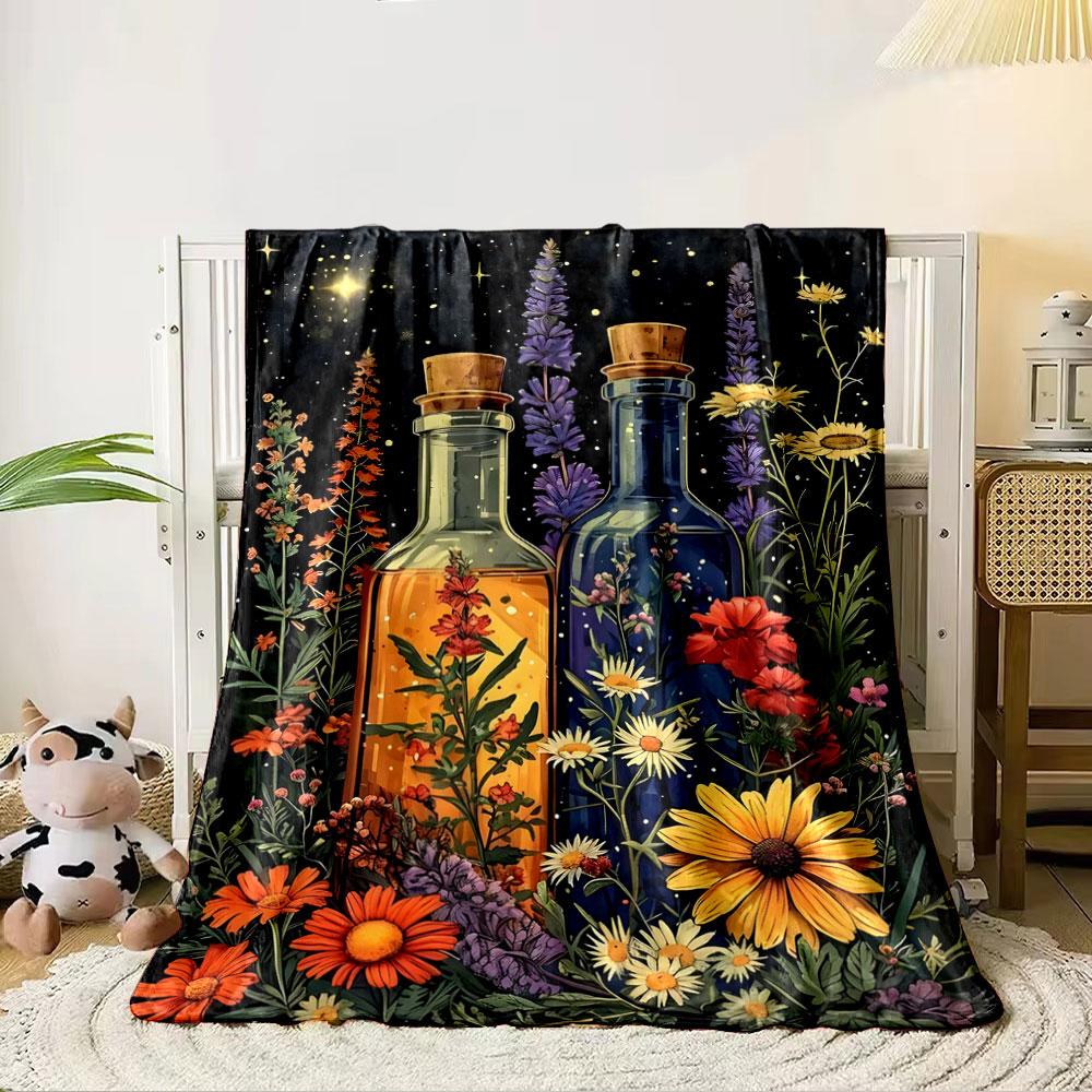 Two bottles surrounded by vibrant wildflowers under a starry night sky. for all seasons blanket lunch break throw gift 80cm x 120cm