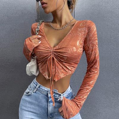 2023 bahar streetwear tee moda seksi Y2k kırpma üst kadınlar için V boyun uzun kollu tişört İpli bluz blusas 26186