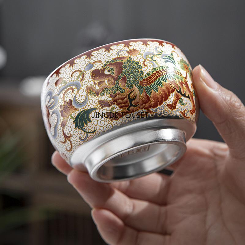 Vergoldete Silber-Teetasse Kreative China-Chic Einzelne Keramik-Teeschale Kulturelle Kreative Tee-Meister-Tasse Geschenkbox Feiertagsgeschenk