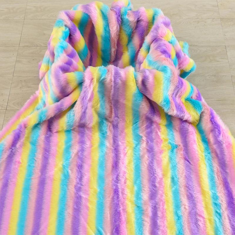 Wide 160cm Faux Fur Long Pile Shaggy Rainbow Wave Immitated Fox Fur Fabric Decoration Background, for DIY Plush Toy Fur Material