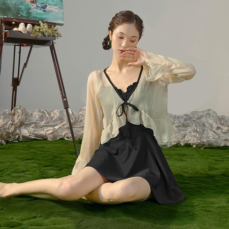 

Купальники Женский купальник для женщин слинг из двух частей солнцезащитный крем длинный купальный костюм для женщин контроль живота 2XL чёрный