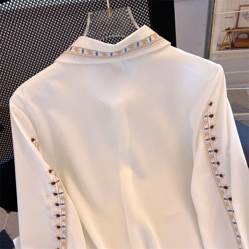 Bestickte Damen All-Match Hochwertige Damen Elegante Blusen Damen Arbeitskleidung Hemden Weiß Floral Kleidung Chiffon Tops
